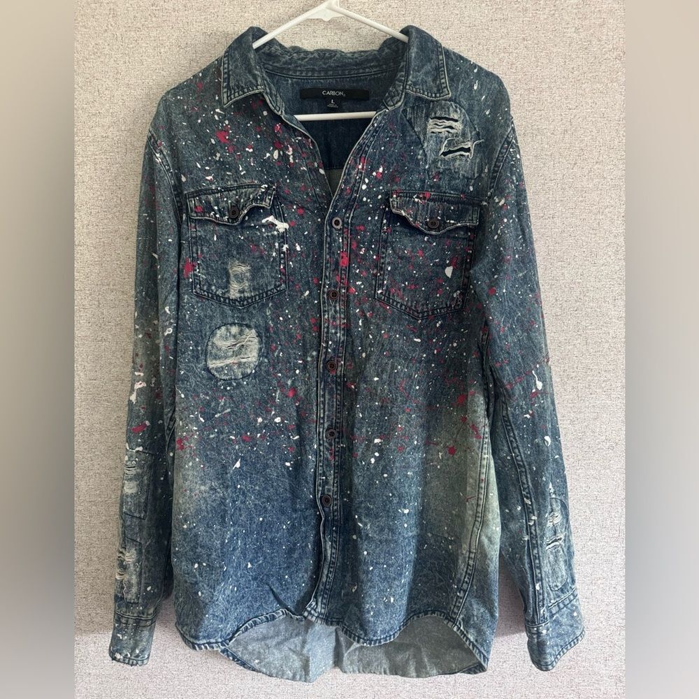 Carbon denim blue shirt distressed ripped paint splatter trucker hip hop size L